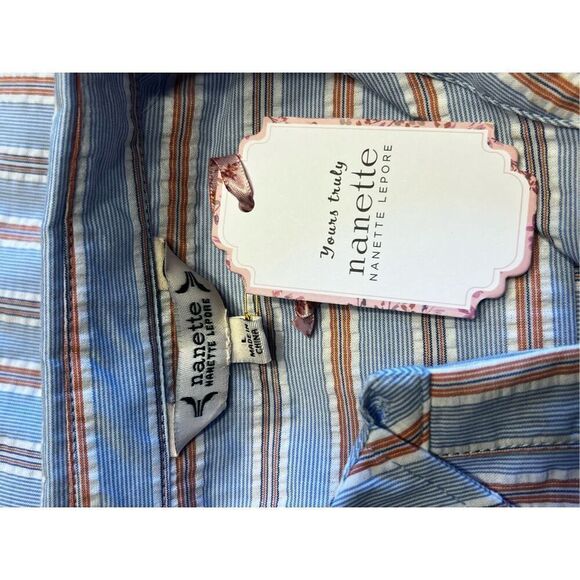 Nanette Lepore Women's Large White Stripe Bow Poplin Button-Up Shirt blouse - Picture 10 of 10